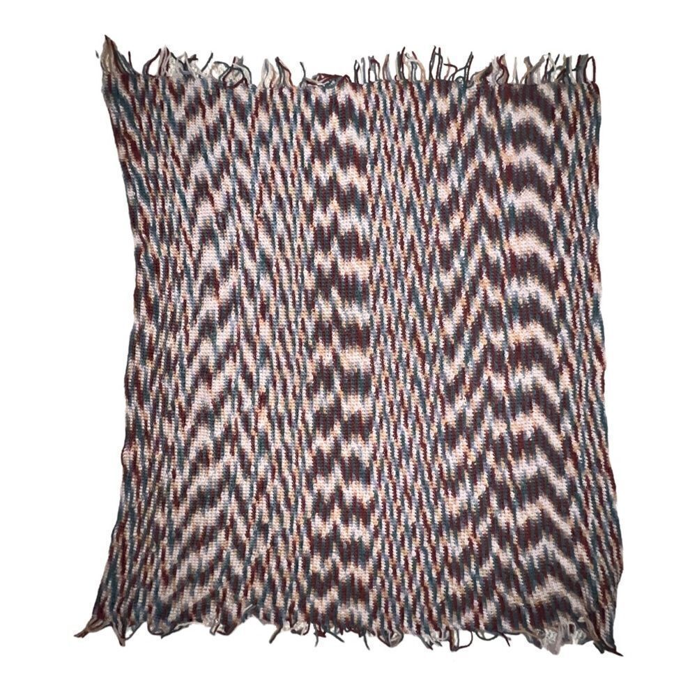 Vintage Handmade Burgundy Blue Striped Crochet Throw Afgan Blanket EUC